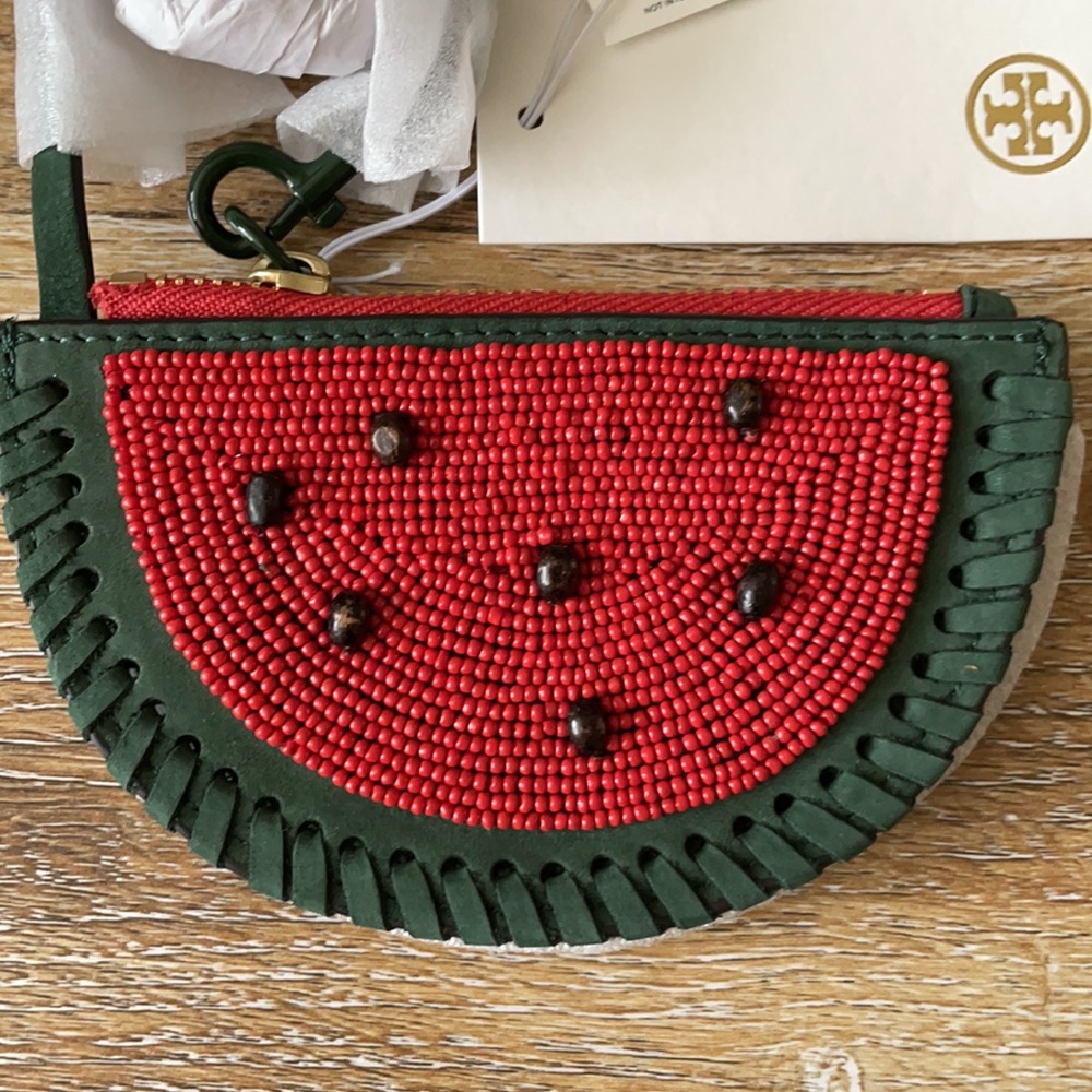 Tory Burch Red & Green Watermelon Beaded Zip Card Holder - Picture 2 of 10